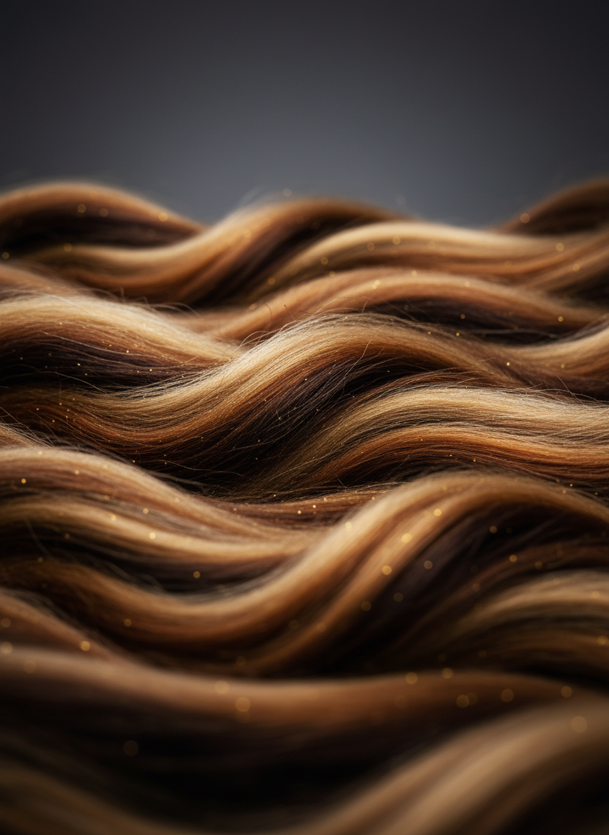 A close-up, macro-style photograph of long, luxurious faux fur strands in blended tones of espresso, chestnut, and honey blonde, meticulously arranged in flowing waves that suggest movement and allure. Tiny, strategically placed specks of soft golden glitter catch the light without overpowering the natural texture. The background is a smoothly blurred, deep charcoal gradient, making the fur appear almost sculptural. Soft, diffused studio lighting from above and slightly behind creates delicate rim highlights on individual strands, adding depth and dimension. Shot with extremely shallow depth of field, only a small central band of fur is in razor-sharp focus, evoking an intimate, sensory mood. The style is hyper-real photographic, abstract yet clearly tactile, perfect for a sophisticated fetish-oriented brand identity.