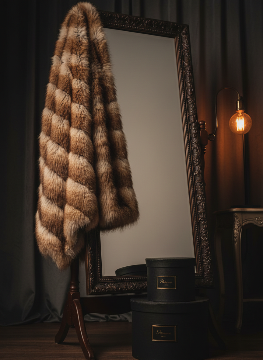 A dimly lit, luxurious studio corner featuring an ornate floor-length mirror with a carved dark wood frame, its reflective surface subtly fogged at the edges to avoid any human reflection. Draped over one side of the mirror is a cascading, long-pile faux fur stole in gradients of chestnut and cream, its texture catching glints of warm, directional light from a nearby vintage filament bulb. At the mirror’s base, a pair of closed, matte-black hat boxes with discreet gold labels hint at hidden fetish accessories. Shot from a low angle, the composition leads the eye upward along the curve of the fur, with a shallow depth of field that softens the background. The mood is mysterious, intimate, and elegantly provocative, in rich photographic realism.