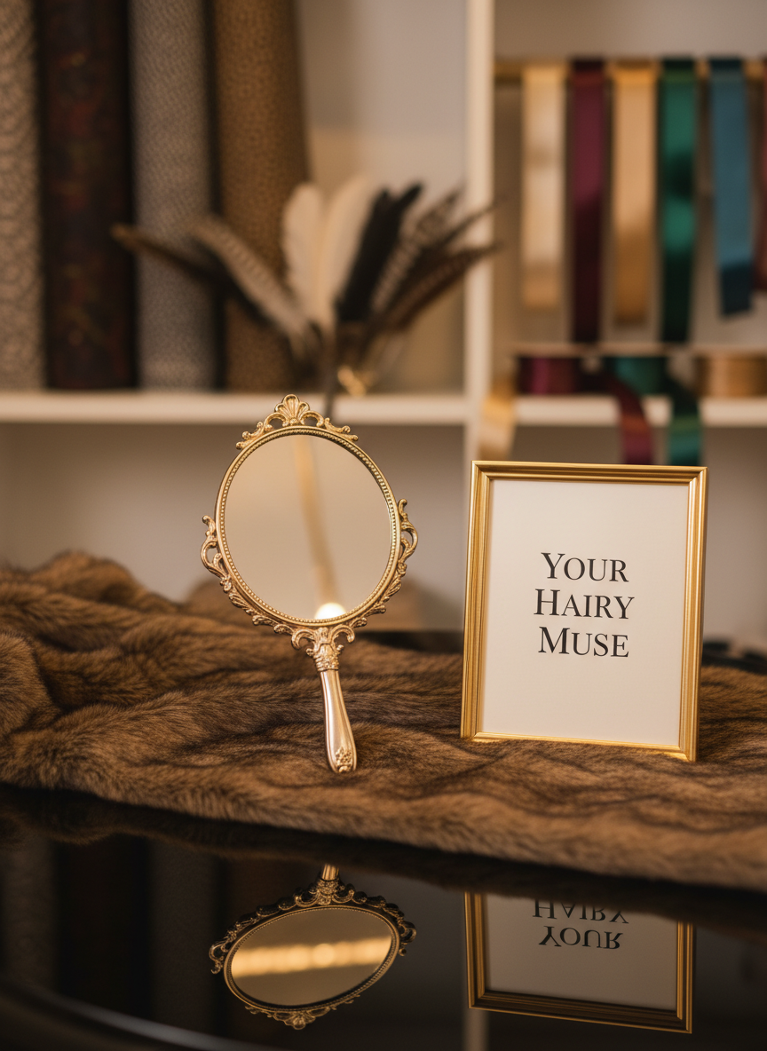 A meticulously arranged vanity tabletop featuring a luxurious sable-brown faux fur throw draped over a glossy black glass surface, with an elegant, vintage-style hand mirror and a minimalist gold-framed sign that reads “Your Hairy Muse” in refined serif lettering. In the background, soft-focus shelves display neatly folded textured fabrics, feathers, and satin ribbons, suggesting a curated fetish wardrobe without showing any human presence. Illuminated by diffused studio lighting with a subtle golden hour warmth, the scene feels sophisticated and intimate. Shot at eye level with a shallow depth of field, the mirror and sign are in crisp focus while the rest melts into a creamy bokeh, creating a polished, photographic realism ideal for a high-end online model brand.