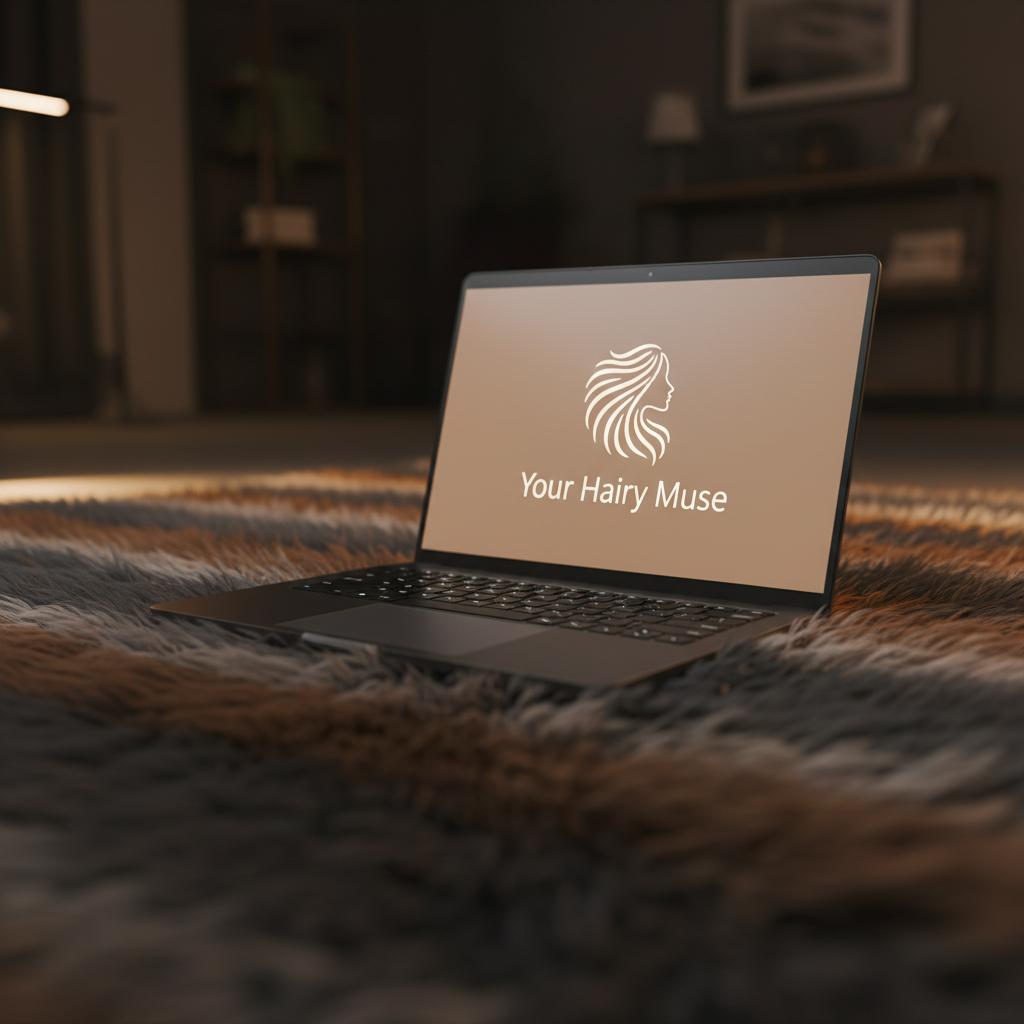 A close-up of a luxurious faux fur rug in deep charcoal and warm chestnut tones, its long, silky strands carefully groomed and illuminated to emphasize texture and depth. Resting on the rug is a sleek, matte-black laptop partially open, with a tasteful, abstract logo for “Your Hairy Muse” glowing softly on the screen. The setting is a dim, elegant studio, with subtle accent lighting casting gentle highlights across the fur and laptop edges, creating a sensual yet refined atmosphere. The composition uses a low, side angle and shallow depth of field, keeping the laptop and central fur area in sharp detail while the edges blur into softness, reinforcing a sophisticated, photographic aesthetic for an online fetish facilitator brand.
