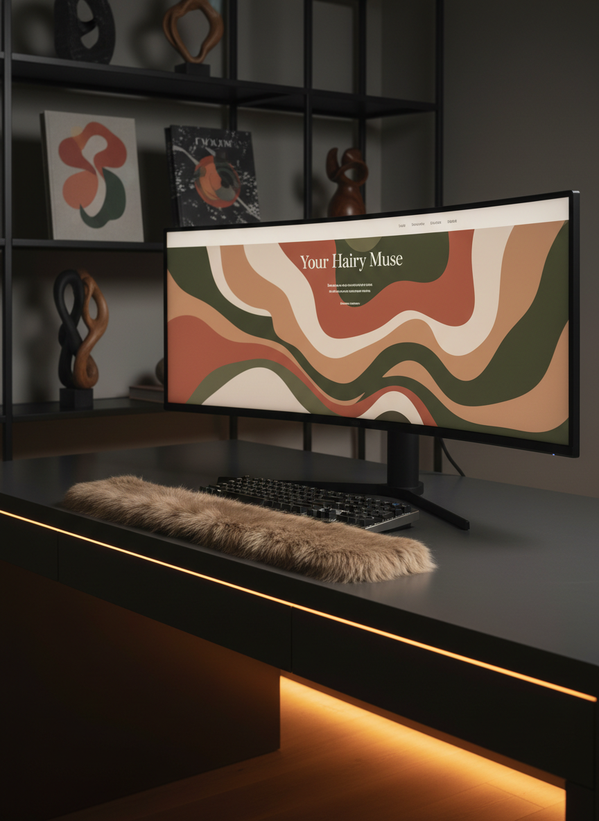 A sleek, modern desktop setup in a dark, atmospheric room: a large ultra-wide monitor displays an abstract, tasteful homepage mockup for “Your Hairy Muse,” with flowing organic shapes and muted earthy tones. A plush, mocha-colored faux fur wrist rest sits before a low-profile mechanical keyboard, its texture contrasting with the smooth metal desk surface. Ambient LED lighting in warm amber glows from beneath the desk’s edge, casting soft reflections. In the background, out of focus, a minimalist black shelving unit holds art books and sculptural objects that suggest sensuality through curves, not figures. Photographed from a slight side angle at desk height, with medium depth of field, the image feels polished, tech-savvy, and indulgently tactile, in clean photographic realism.