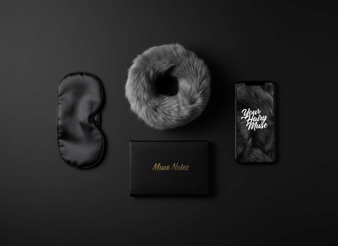 An overhead shot of a curated flat lay on a matte ebony surface: a luxurious faux fur cuff in smoky gray, a silk blindfold folded with precision, a sleek black leather-bound notebook embossed with “Muse Notes” in understated gold, and a minimalist smartphone displaying a stylized “Your Hairy Muse” homepage. Soft, diffused top lighting creates velvety shadows and subtle sheen on the materials, highlighting contrasts between fur, silk, and leather textures. The items are arranged with meticulous symmetry and empty negative space around them, creating a clean, editorial composition. The overall mood is refined, discreet, and suggestive of personalized online experiences, rendered in high-end photographic realism suited to a sophisticated fetish-centric brand.