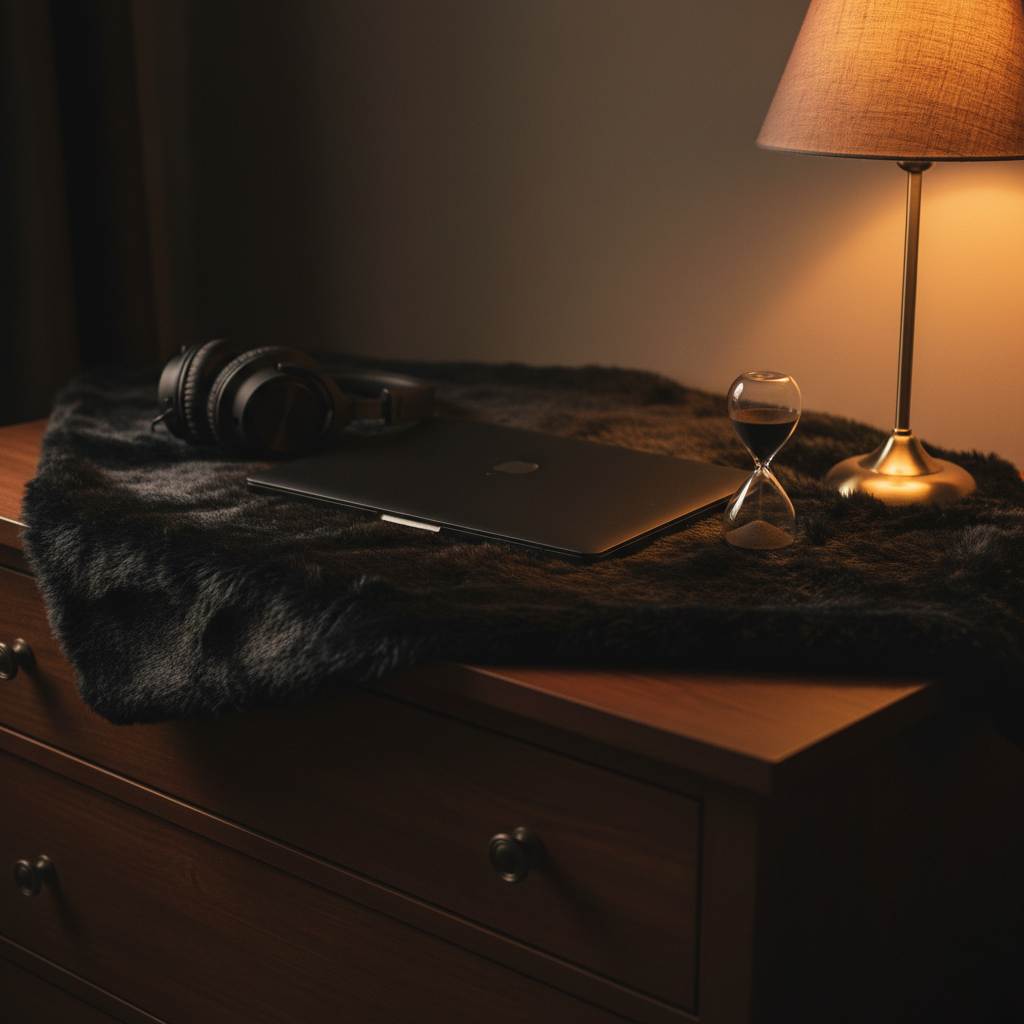 A moody, cinematic still life of a dark wooden dresser top partially covered by a thick, sable faux fur runner, its fibers brushed so they catch the light in luxurious ripples. Atop the fur rests a closed, matte-black laptop, a pair of noise-cancelling headphones with soft padded cups, and a vintage-style hourglass half-filled with black sand, subtly implying extended, immersive online sessions. A single warm desk lamp with a fabric shade illuminates the scene from the right, casting elongated shadows and a gentle glow across the textures. Shot from a slightly elevated three-quarter angle with medium depth of field, the image feels intimate, contemplative, and quietly seductive, emphasizing material richness and time spent in private connection, in realistic photographic style.