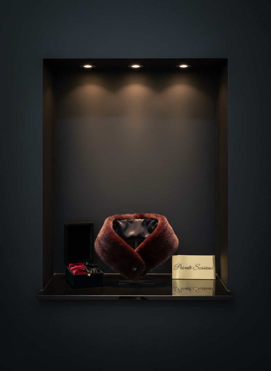 A refined boutique-style display niche built into a dark, matte wall, containing a single, meticulously arranged ensemble of fetish-inspired objects: a coiled, satin-lined faux fur collar in rich mahogany tones, a slim black velvet box slightly ajar revealing only luxurious fabric inside, and a minimalist brass plaque engraved with “Private Sessions” in elegant script. Subtle, recessed spotlights from above bathe the objects in warm, focused light, letting the surrounding alcove fade into shadow. The composition is front-facing and symmetrical, reminiscent of high-end jewelry photography, with sharp focus and a slightly reflective black base enhancing the sense of luxury. The mood is exclusive, controlled, and highly curated, rendered in crisp photographic realism for a sophisticated online model brand.