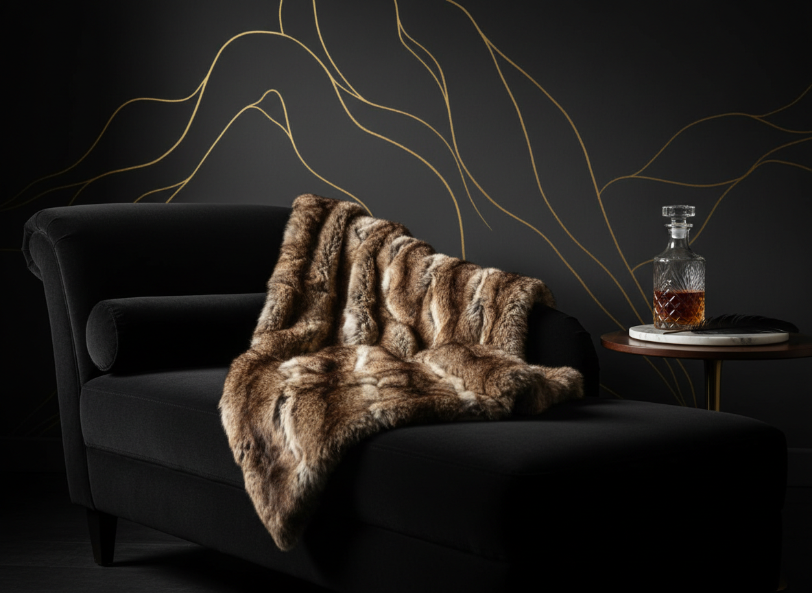 An impeccably styled black velvet chaise lounge adorned with a thick, luxurious faux fur throw in rich, natural browns, positioned against a dark, moody wall with minimalist gold line art suggesting curves and movement, but no explicit human shape. On a nearby low table sits a crystal decanter of amber liquid and a single black feather resting on a marble coaster. Soft directional studio lighting from the left creates deep shadows and luminous highlights on the fur and velvet, crafting an atmosphere of private indulgence and high-end sophistication. Captured from a three-quarter angle with a moderate depth of field, the chaise is the commanding focal point while the background remains tastefully blurred in photographic realism.